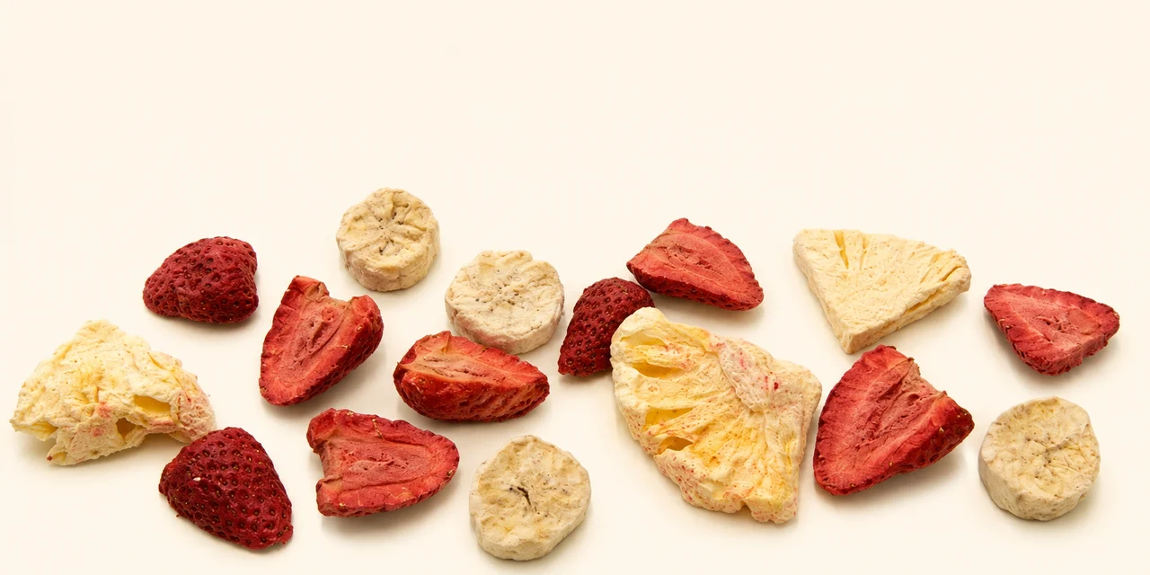 Composición editorial de las frutas liofilizadas LIOBIT